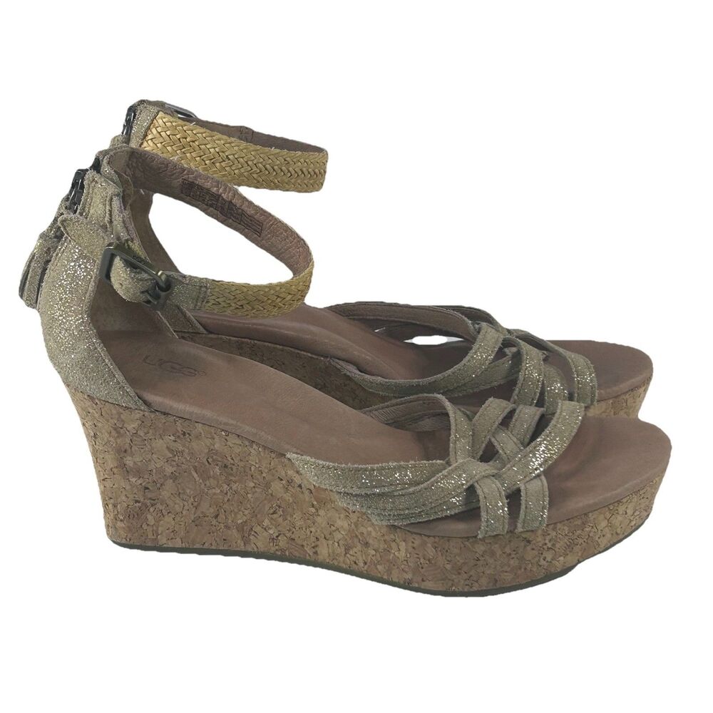 UGG Lillie Gold Metallic Cork Wedge Platform Ankle Strap Sandal Women's Size 8